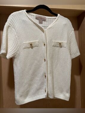 French Connection Cream Knit Short-Sleeve Cardigan with Gold Buttons NEW